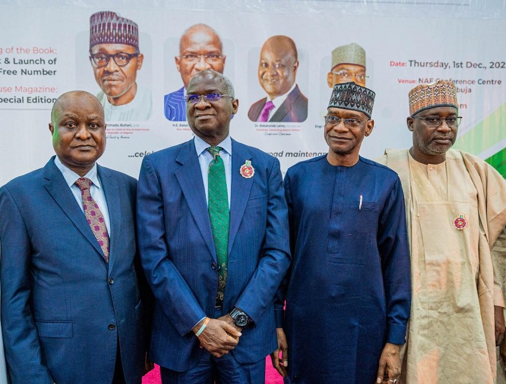Representative of the President and Hon. Minister of Works and Housing, Mr Babatunde Fashola,SAN (2nd left), Hon. Minister of Water Resources, Engr. Suleiman Hussein Adamu (right), Managing Director/CEO, Federal Roads Maintenance Agency (FERMA) , Engr. Nuruddeen Rafindadi (2nd right),  and Chairman, Governing Board Federal Roads Maintenance Agency (FERMA), Dr Babatunde Lemo (left)  in a group photograph shortly after FERMA&#039;S 20th  Anniversary Conference , public presentation of the Book titled, &quot;FERMA&#039;s Firm Footprints in National Road Infrastructure Maintenance&quot; and Launch of FERMA&#039;s Short Code  at the NAF Conference Centre, Kado, Abuja on Thursday, 1st December 2022.    