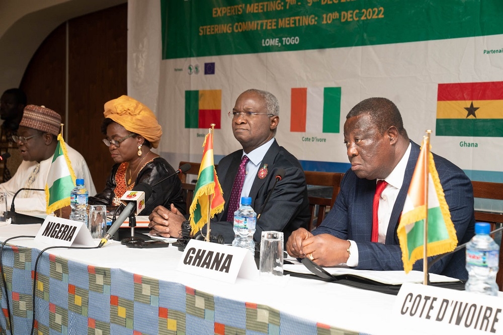 Hon. Minister of Works and Housing and the Chairman of Steering Committee, Mr. Babatunde Fashola, SAN (2nd right), Ghana&#039;s Minister of Roads and Highways,Hon. Kwasi Amoako - Attah (right), Representative of  ECOWAS, Commissioner for Infrastructure and Director Transport, ECOWAS Commission, Mr Chris Appiah (left) and Togo&#039;s Minister of Infrastructure, Mrs Zourehatou  Kassah-Traore (2nd left) during  the 17th Steering Committee Meeting of the Abidjan - Lagos Corridor Highway Development Project at the Hotel Sarakawa, Lome, Togo  on Friday, 9th December 2022.