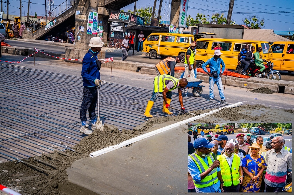 A view of the Ongoing Reconstruction of Apapa - Oworonshoki - Ojota Expressway Section II (Beachland - Cele Bus Stop) in Lagos State on Thursday 29th December 2022. INSET: Hon. Minister of Works and Housing, Mr Babatunde Fashola, SAN (right), the Special Adviser to the Governor of Lagos State on Works and Infrastructure, Engr. (Mrs) Aramide Adeyoye (2nd right), Director Highways, South West Zone ,Federal Ministry of Works and Housing, Engr. Adedamola Kuti (2nd left) being briefed at the project commencement point at the Old Toll Gate by the Federal Controller of Works Lagos, Engr. Olaseni Umar Bakare during the Hon. Minister&#039;s inspection of  the Ongoing Reconstruction of Apapa - Oworonshoki - Ojota Expressway, Sections I, II , III &amp; IV and the Reclamation/Beautification of the Project&#039;s Right of Way in Lagos State on Thursday 29th December 2022. 
