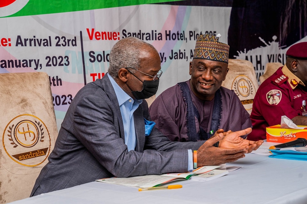 Hon. Minister of Works &amp; Housing and Guest of Honour, Mr Babatunde Fashola, SAN (left) and National President of the Nigerian Association of Road Transport Owners (NARTO), Alhaji Yusuf Lawal Othman (right) during the 23rd Annual General Meeting / Conference of the Nigerian Association of Road Transport Owners (NARTO) at the Sandralia Hotel, Solomon Lar Way, Jabi, Abuja, FCT on Tuesday, 24th January 2023. 