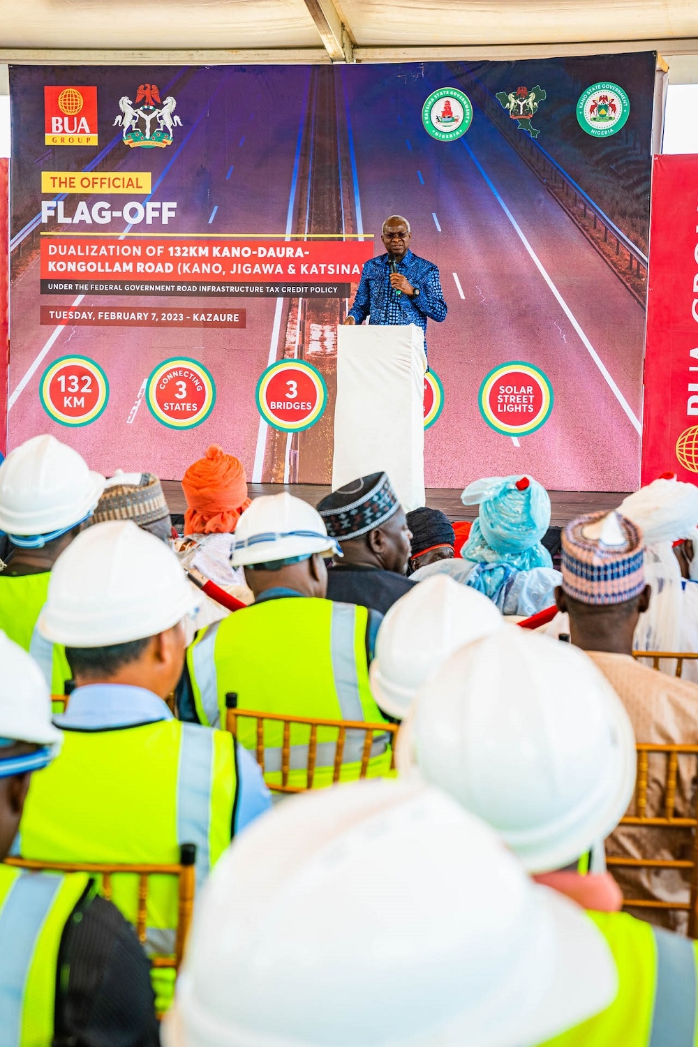 Hon. Minister of Works and Housing, Mr. Babatunde Fashola, SAN speaking during   the official Flag - off of the Dualization of the 132KM Kano - Daura - Kongollam Road in Kano, Jigawa and Katsina States under the Federal Government Road Infrastructure Development and Refurbishment Tax Credit Scheme on Tuesday, 7th February 2023. 