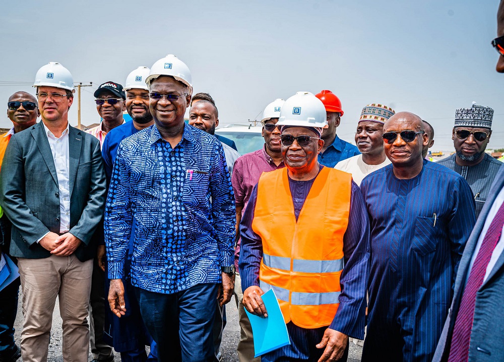 Chief of Staff to the President, Prof. Ibrahim Gambari(2nd right), Hon. Minister of Works and Housing, Mr Babatunde Fashola SAN (2nd left), Senior Special Assistant to the President, Special Projects, Mr Aniefiok Johnson(right), Managing Director, Julius Berger Nig Ltd, Mr Lars Richter (left)  and others during the inspection of the Completed Section of the Reconstruction  of the Abuja - Kaduna- Zaria - Kano Dual Carriageway (Section III : Zaria - Kano) on Monday 17th April 2023