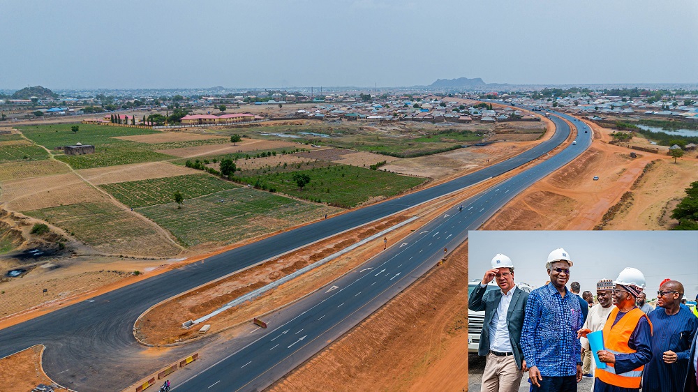 A view of the Completed Section  of the Reconstruction of Abuja - Kaduna- Zaria - Kano Dual Carriageway (Section III : Zaria - Kano) on Monday 17th April 2023.INSET: Chief of Staff to the President, Prof. Ibrahim Gambari (2nd right), Hon. Minister of Works and Housing, Mr Babatunde Fashola SAN (2nd left) , Senior Special Assistant to the President, Special Projects, Mr Aniefiok Johnson ( right) , Managing Director, Julius Berger Nig Ltd, Mr Lars Richter (left)  and others during the inspection of the Completed Section of the Reconstruction  of the Abuja - Kaduna- Zaria - Kano Dual Carriageway (Section III : Zaria - Kano) on Monday 17th April 2023