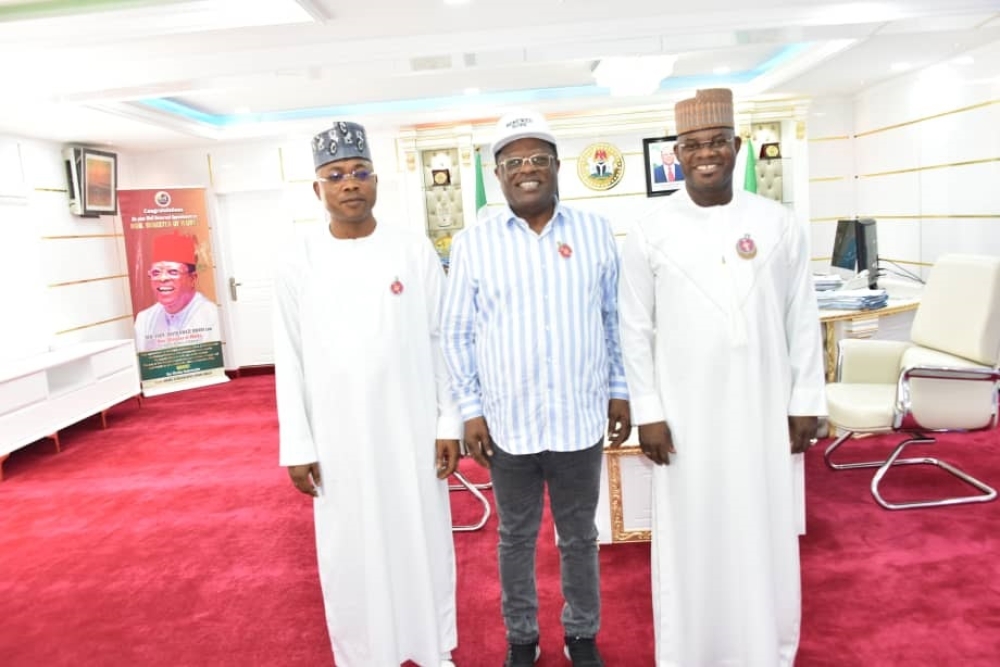 Honourable Minister of Works, Sen. Engr. Nweze David Umahi (Centre) with Governor of Kogi State, Yahaya Bello (Right) and the newly elected Governor of the State Ahmed Usman Ododo (Left) during a visit in his office at the Ministry's Headquarters, Abuja on Thursday, 30th November 2023.