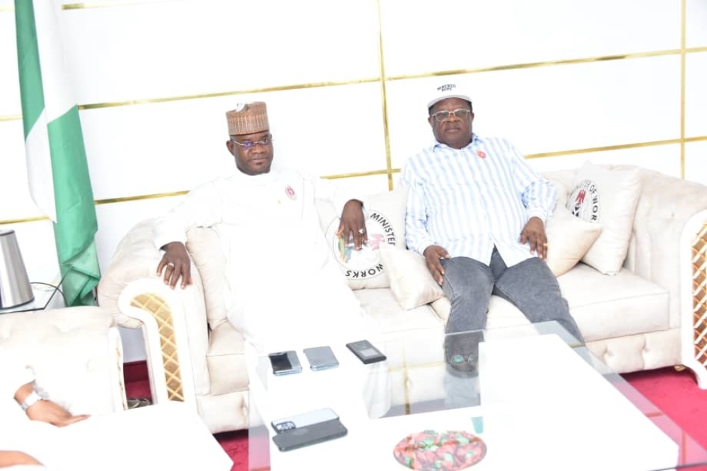 Honourable Minister of Works, Sen. Engr. Nweze David Umahi (Centre) with Governor of Kogi State, Yahaya Bello (Right) and the newly elected Governor of the State Ahmed Usman Ododo (Left) during a visit in his office at the Ministry's Headquarters, Abuja on Thursday, 30th November 2023.